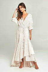Vestido Wrap Estampa Listras Khaki - Empress Brasil Nacional