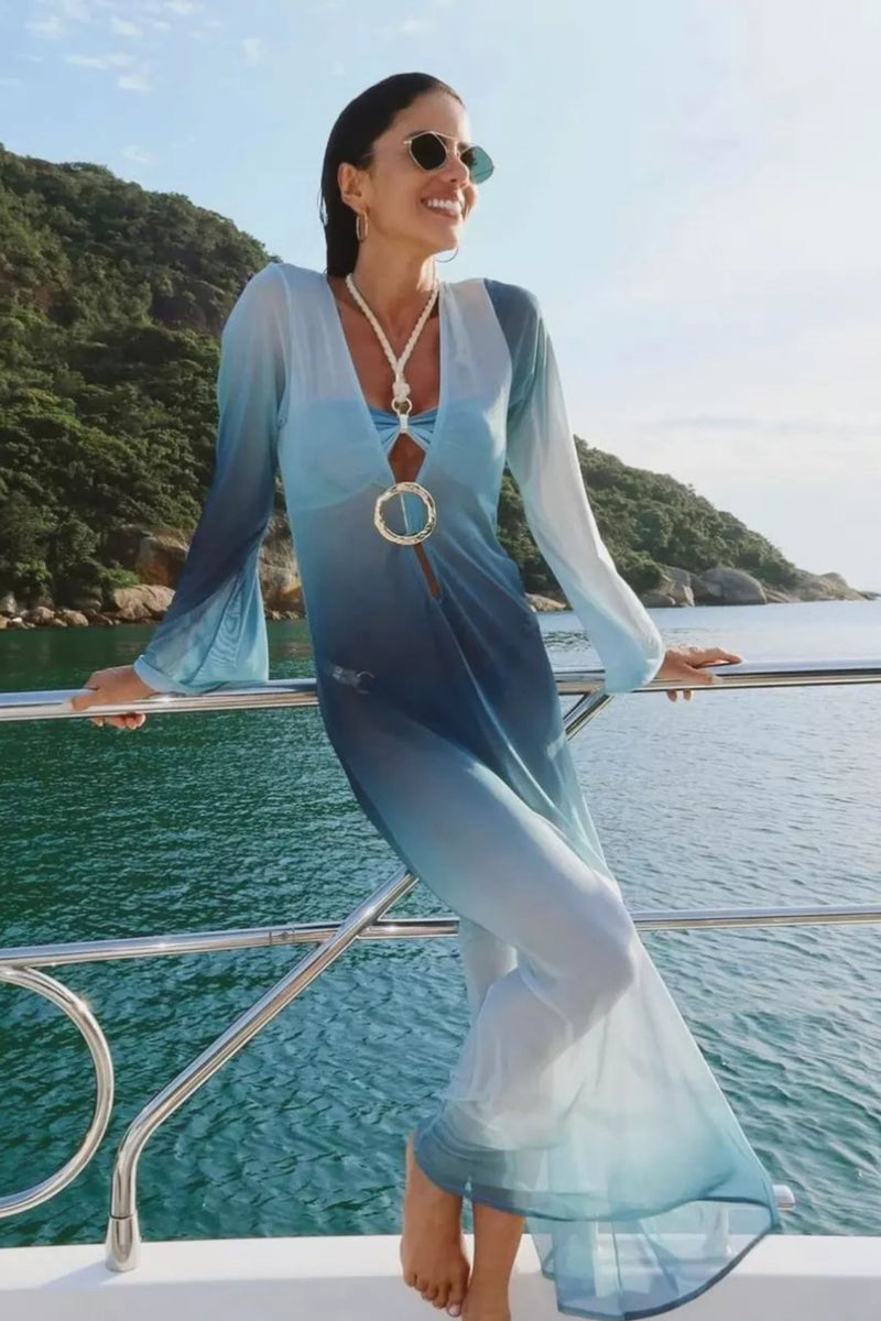 Vestido Sixty Longo Tule Degradê Azul