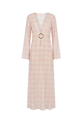 Vestido Sixty Longo Estampa Pied De Poule Rosa