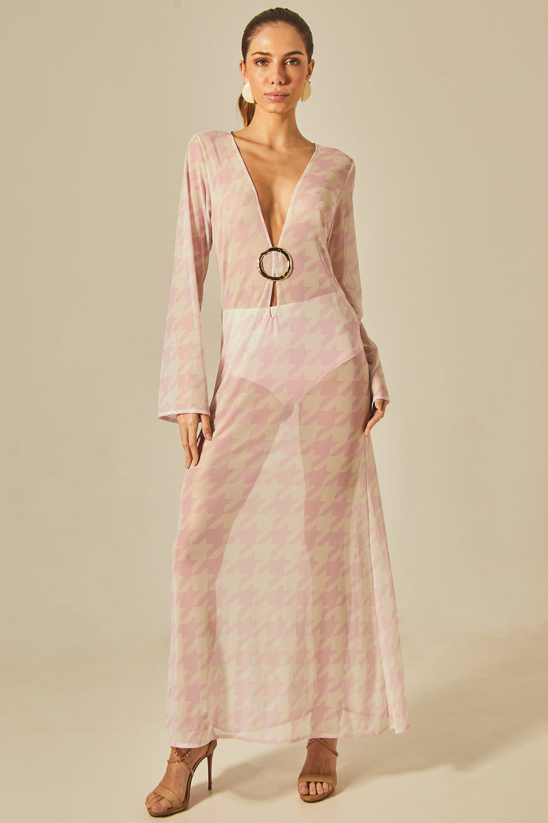 Vestido Sixty Longo Estampa Pied De Poule Rosa - Empress Brasil Nacional