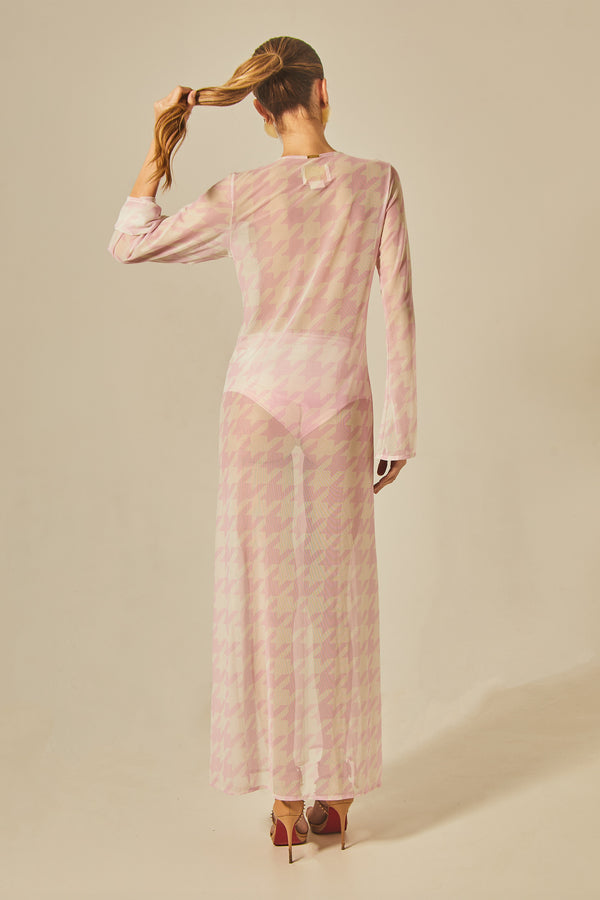 Vestido Sixty Longo Estampa Pied De Poule Rosa - Empress Brasil Nacional