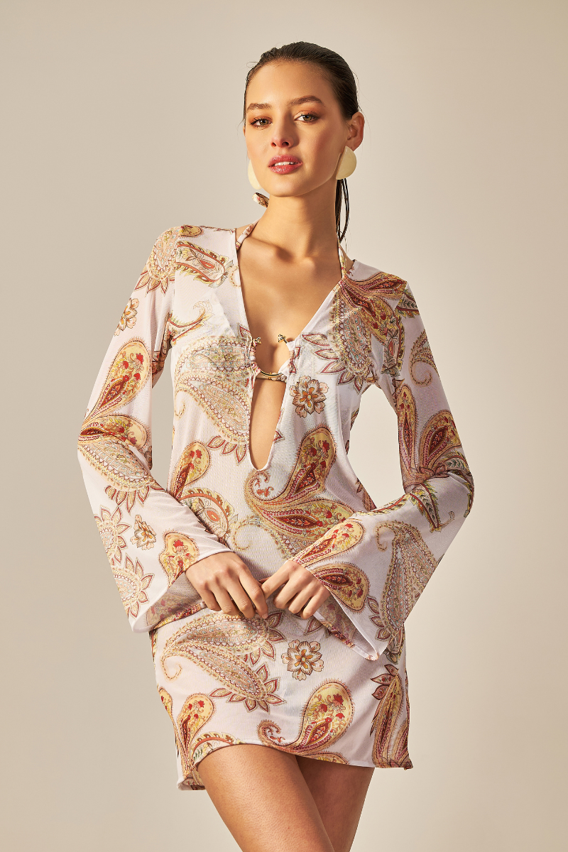 Vestido Sixty Curto Estampa Paisley Amarelo - Empress Brasil Nacional