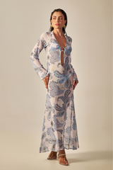 Vestido Sixty Longo Estampa Paisley Azul - Empress Brasil Nacional