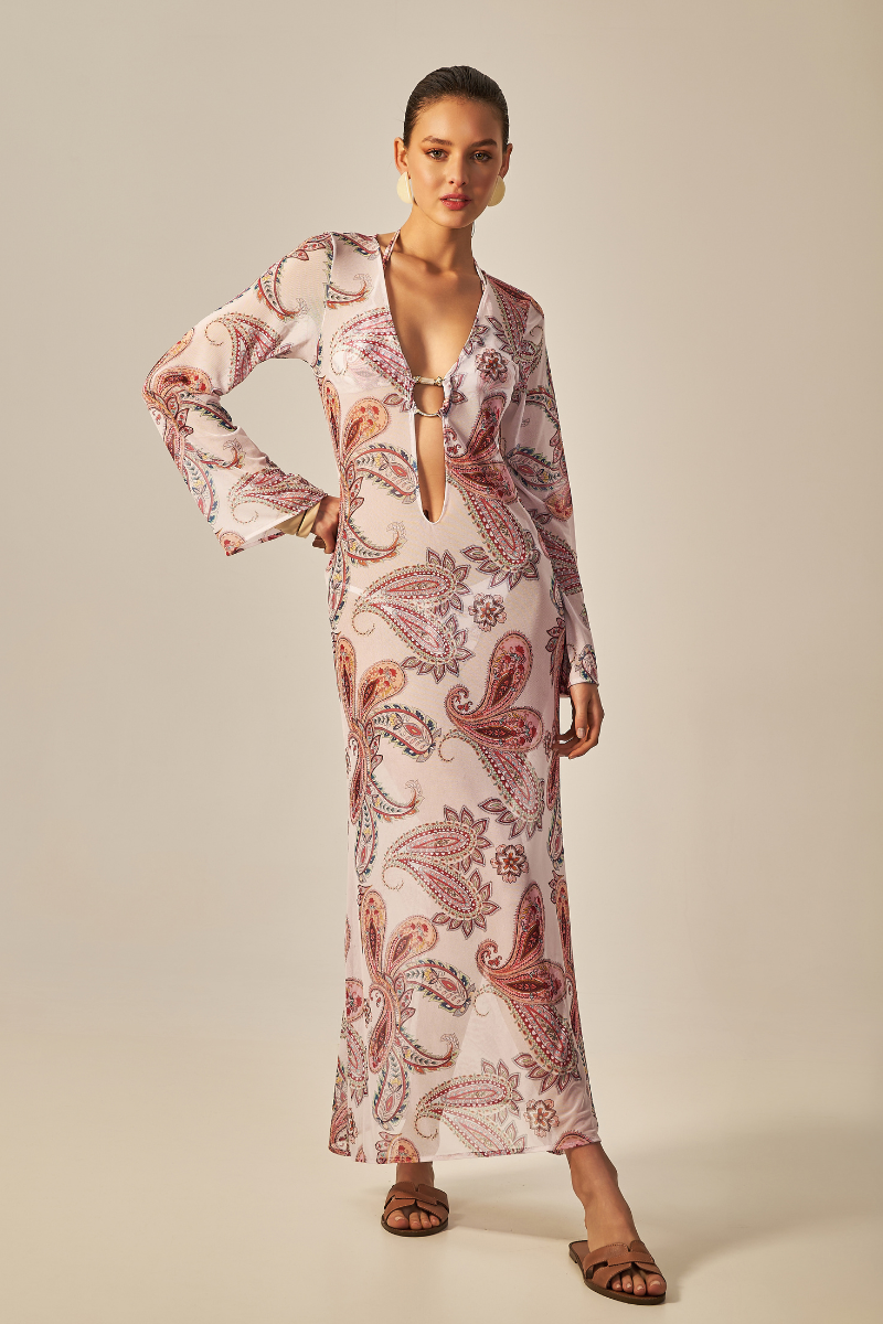 Vestido Sixty Longo Estampa Paisley Rosa - Empress Brasil Nacional