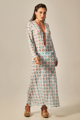 Vestido Sixty Longo Estampa Retrô Verde - Empress Brasil Nacional