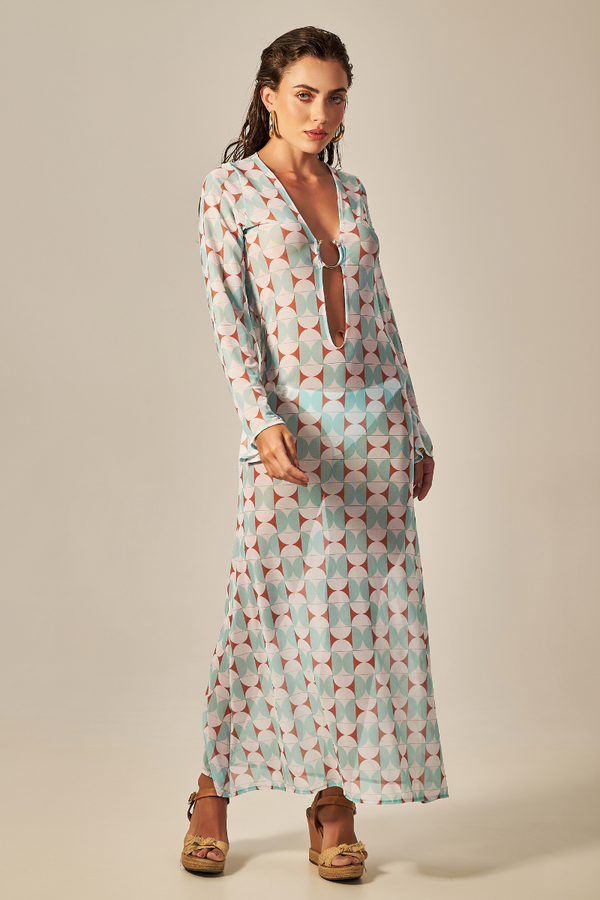 Vestido Sixty Longo Estampa Retrô Verde - Empress Brasil Nacional