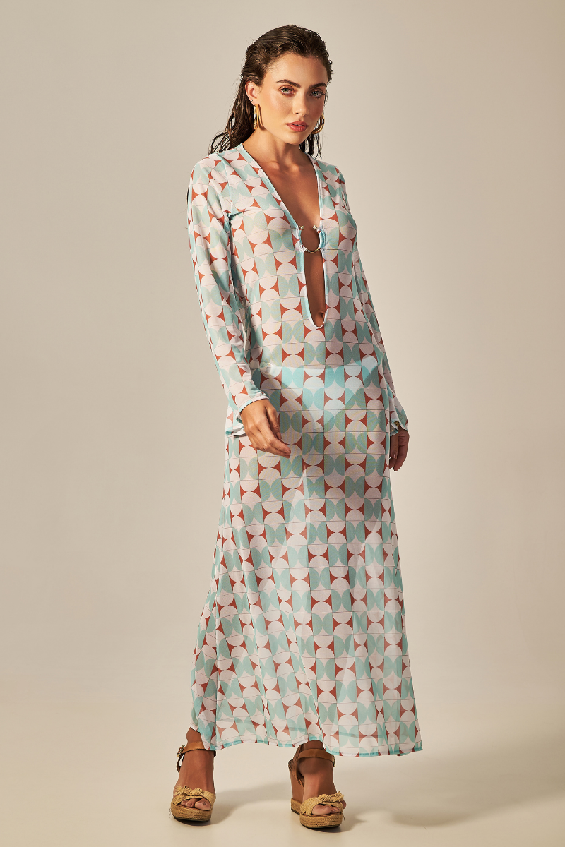 Vestido Sixty Longo Estampa Retrô Verde - Empress Brasil Nacional