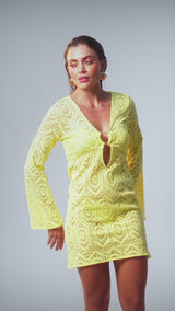 Vestido Sixty Curto Renda Amarelo