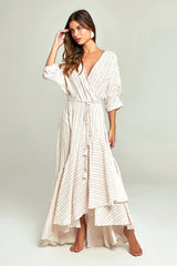 Vestido Wrap Estampa Listras Khaki - Empress Brasil Nacional